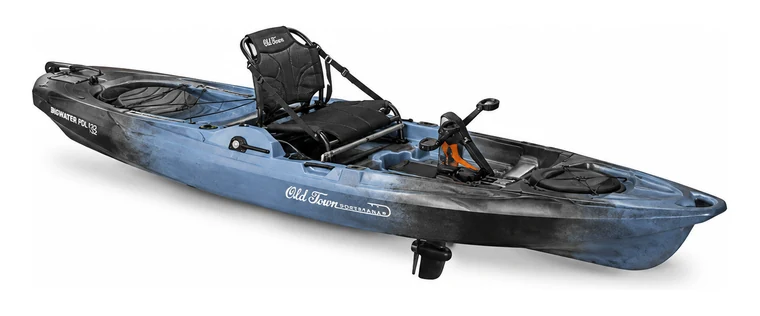 Old Town Sportsman BigWater PDL 132 in a blue and black finish, three-quarter view, showing the wide tri-hull, framed seat and the PDL prop drive under the stern
