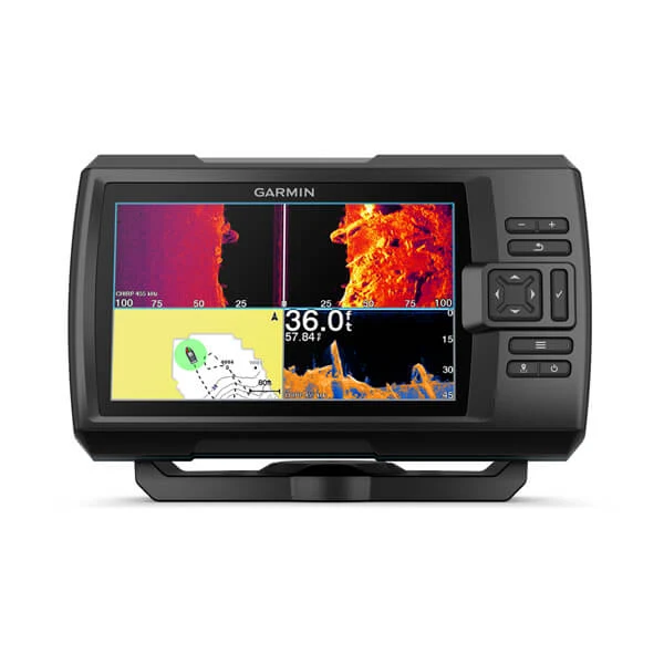 Garmin STRIKER Vivid 7sv displaying split sonar and waypoint views