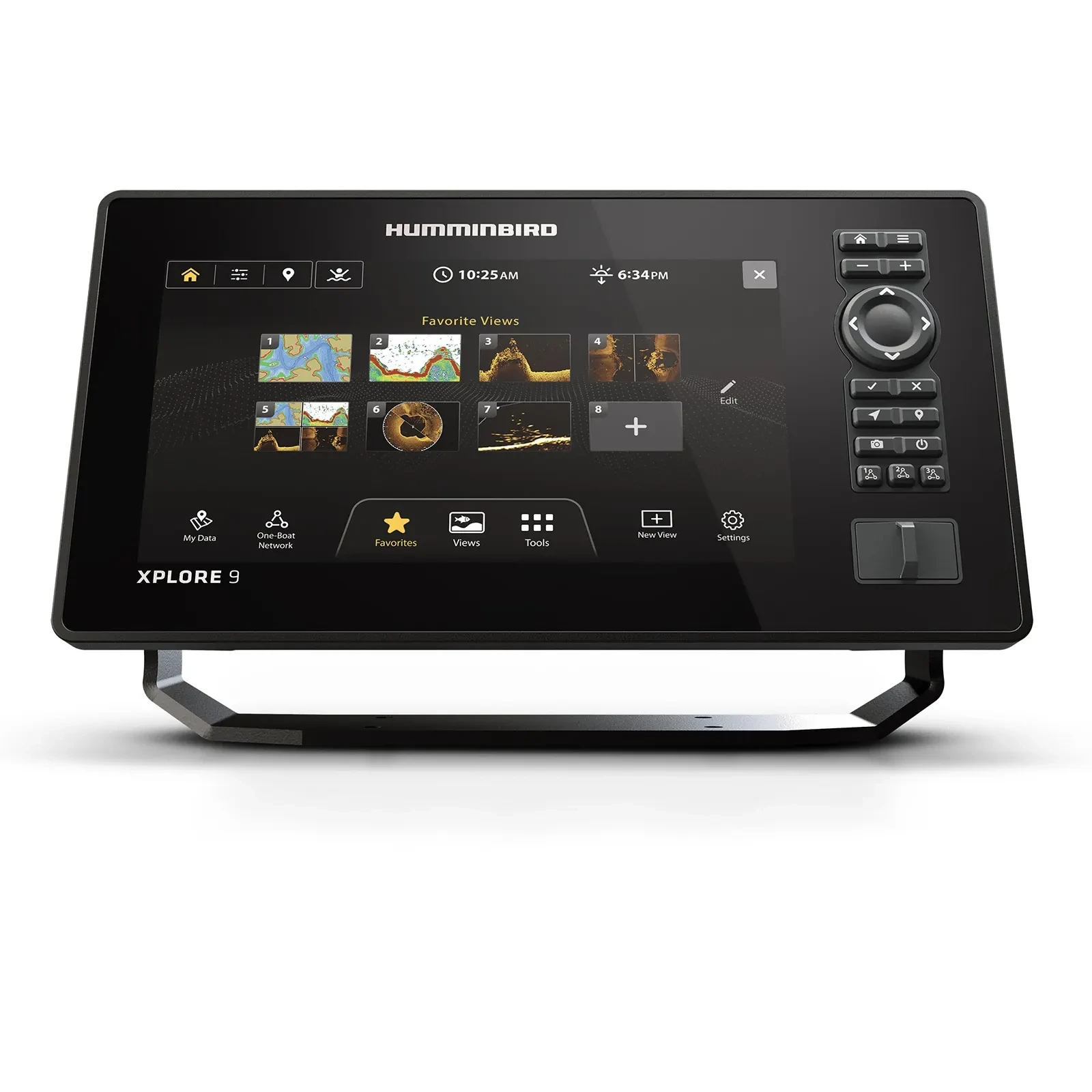Humminbird XPLORE 9 fish finder showing its Favorites menu on a white background
