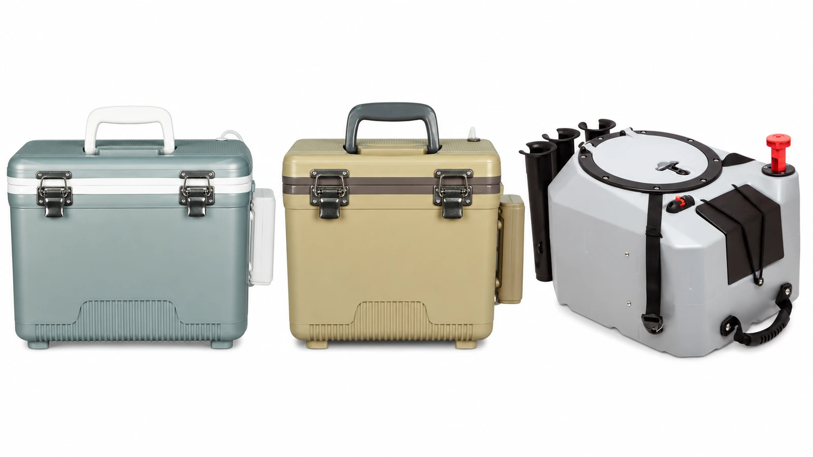 Engel 13-quart and 7.5-quart bait coolers beside a Hobie Livewell V2 on white