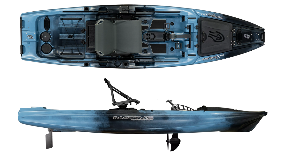 Native TitanX Propel 12.5 fishing kayak in top and side views