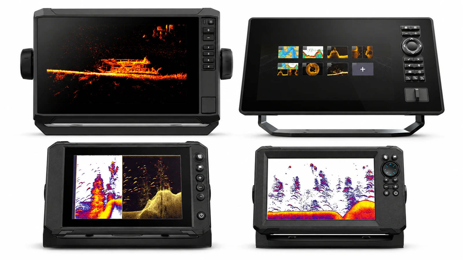 Four nine-inch saltwater kayak fish finder displays arranged on white