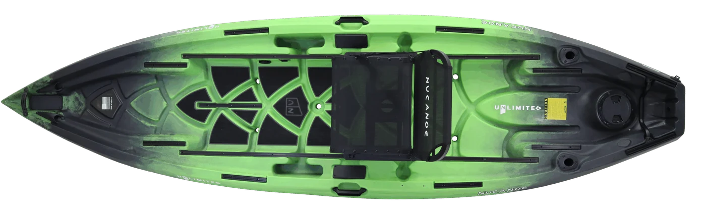 Top view of green NuCanoe UNLIMITED kayak with open deck and seat