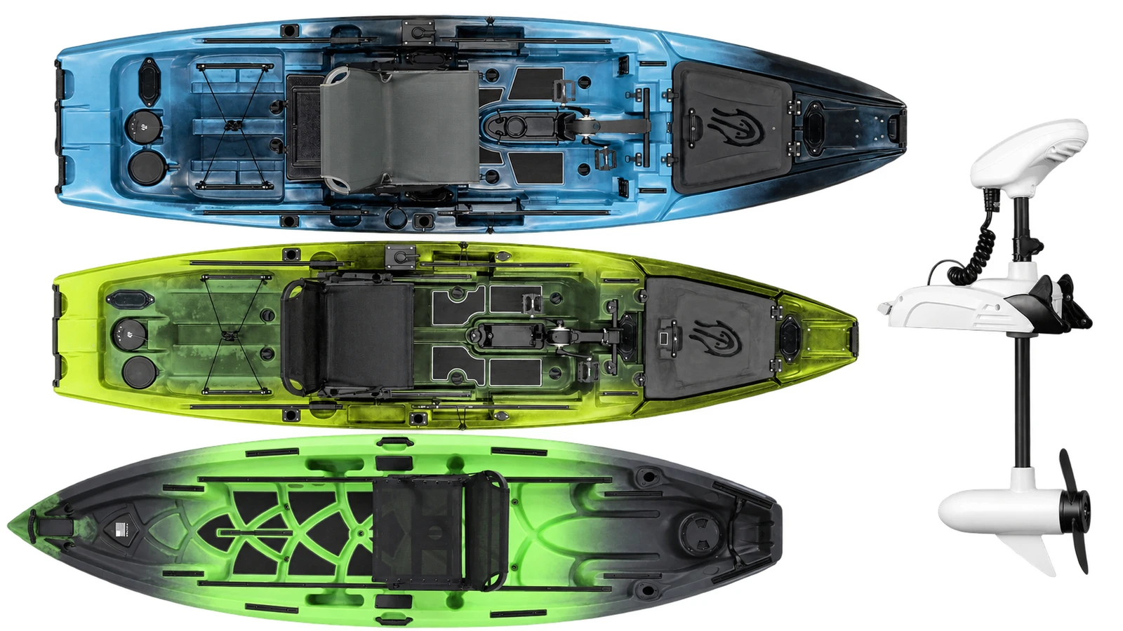 Native TitanX, Native Hammer and NuCanoe Unlimited kayaks beside a saltwater trolling motor