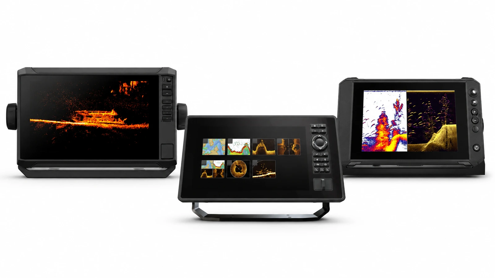 Garmin ECHOMAP UHD2, Humminbird XPLORE 9 and Lowrance Elite FS fish finders on white