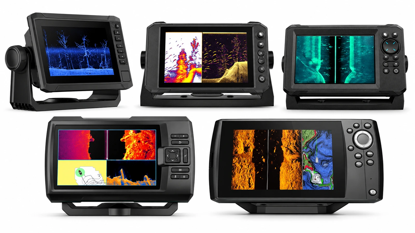 Five seven-inch kayak fish finders arranged on white: Garmin, Lowrance and Humminbird displays