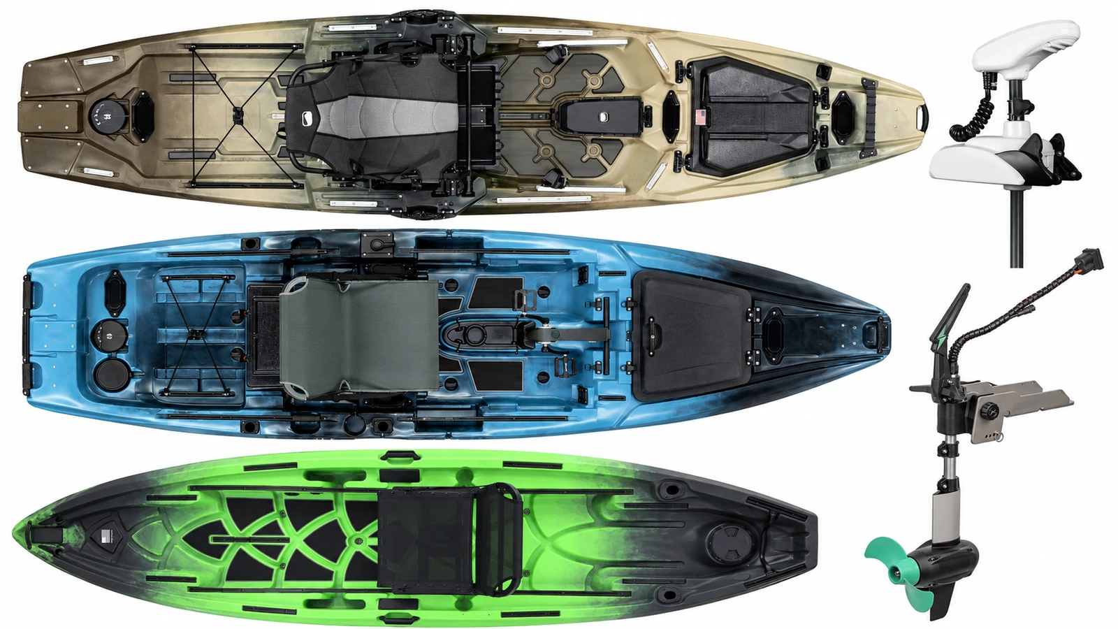 Bonafide PWR129, Native TitanX and NuCanoe Unlimited kayaks with bow and stern motors