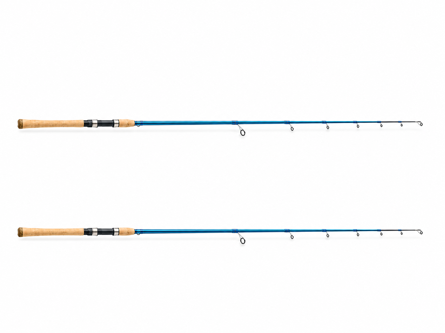 Two parallel blue inshore spinning rods with cork handles on a white background