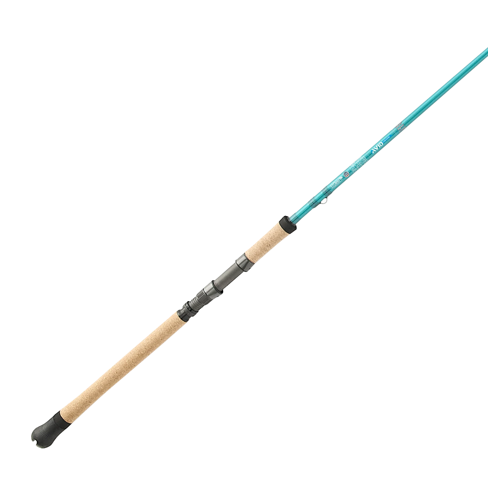 Manufacturer photograph of the teal Avid Inshore spinning series blank and cork handle, representative of the fast candidate