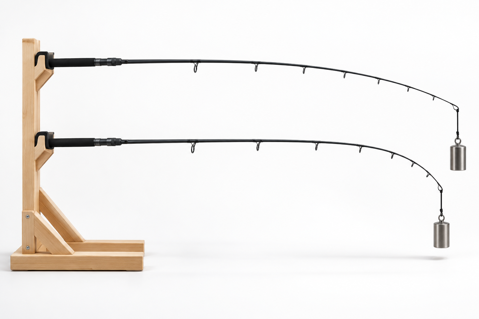Illustrative fast and extra-fast fishing rod blanks gently loaded side by side in a flex-board fixture