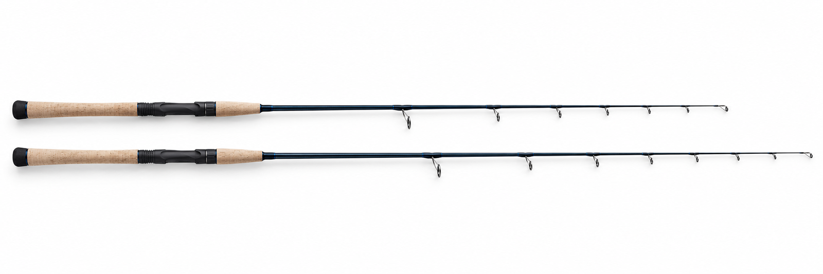 7-foot versus 7-foot-6 inshore rod comparison Illustrative 7-foot and 7-foot-6 inshore spinning rods aligned side by side on white