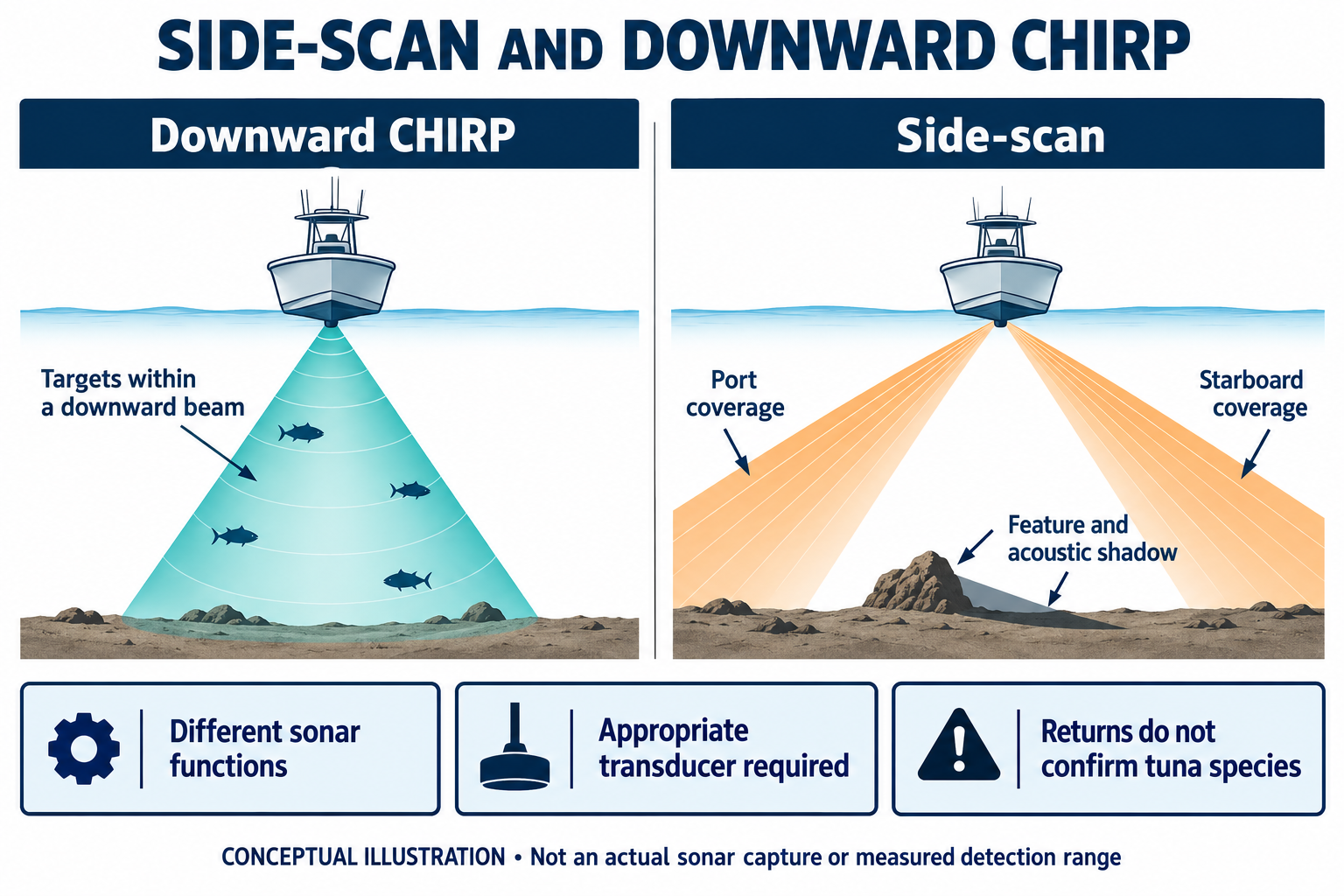 Illustrated side-scan returns and shadows beside downward-looking sonar Illustrated side-scan returns and shadows beside downward-looking sonar