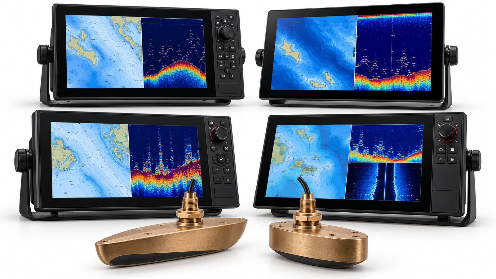 Tuna sonar displays and bronze transducers on a white background Tuna sonar displays and bronze transducers on a white background