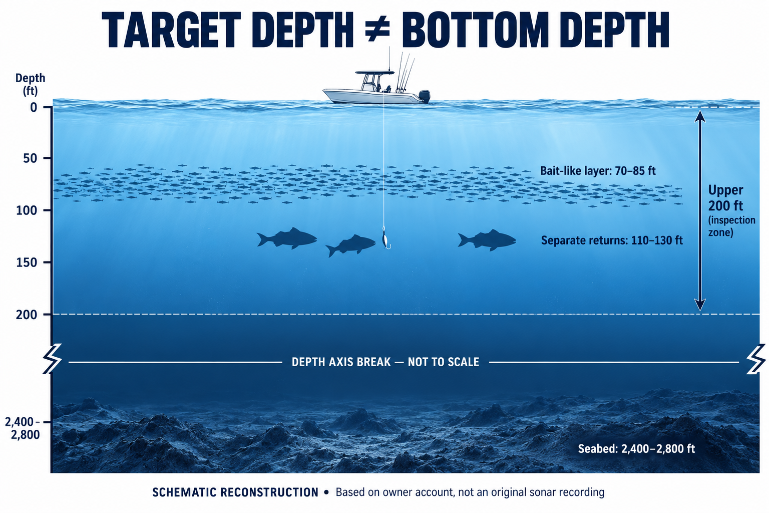 Suspended bait and possible tuna above a deep offshore seabed Suspended bait and possible tuna above a deep offshore seabed